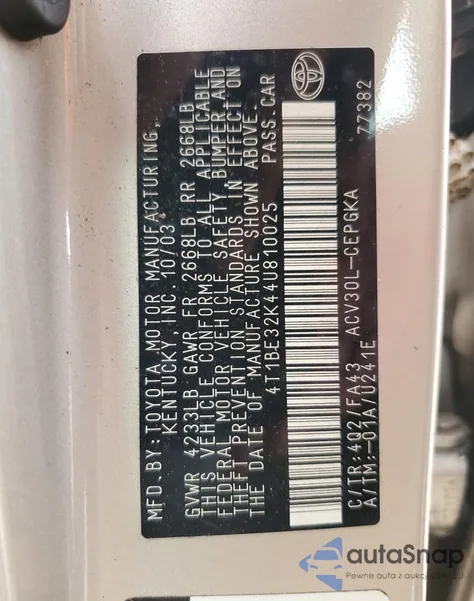 2004 Toyota Camry Le из США, поврежденный, VIN 4T1BE32K44U810025